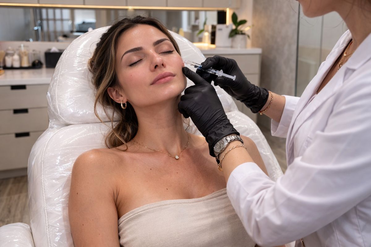 Aplicación de relleno dérmico en la zona del pómulo a una paciente en la clínica CFI