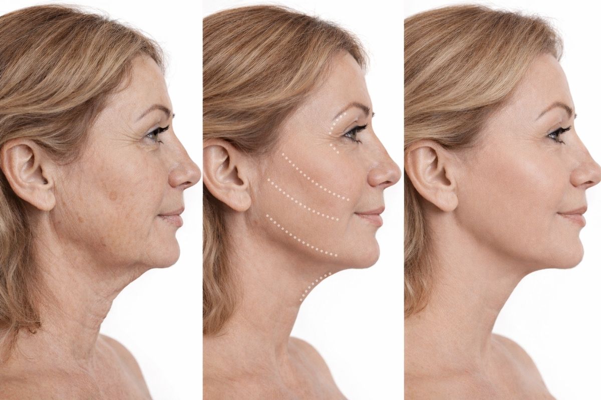 Fotografía comparativa en perfil de una mujer mostrando el rejuvenecimiento del tercio inferior facial, con mejora progresiva de la firmeza de la piel, definición del mentón y contorno mandibular, manteniendo la forma natural de la nariz.