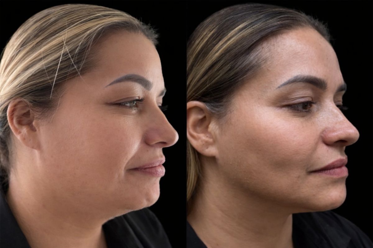 Antes y después de lipopapada estructurada con endoláser mostrando eliminación de grasa submentoniana y definición de la línea mandibular.