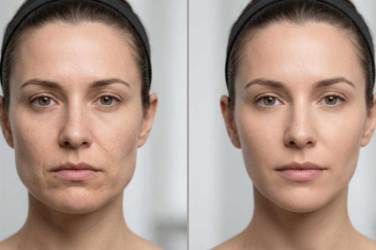 Antes y después de tratamiento de bruxismo mostrando cambio facial con mandíbula más afinada y rostro relajado