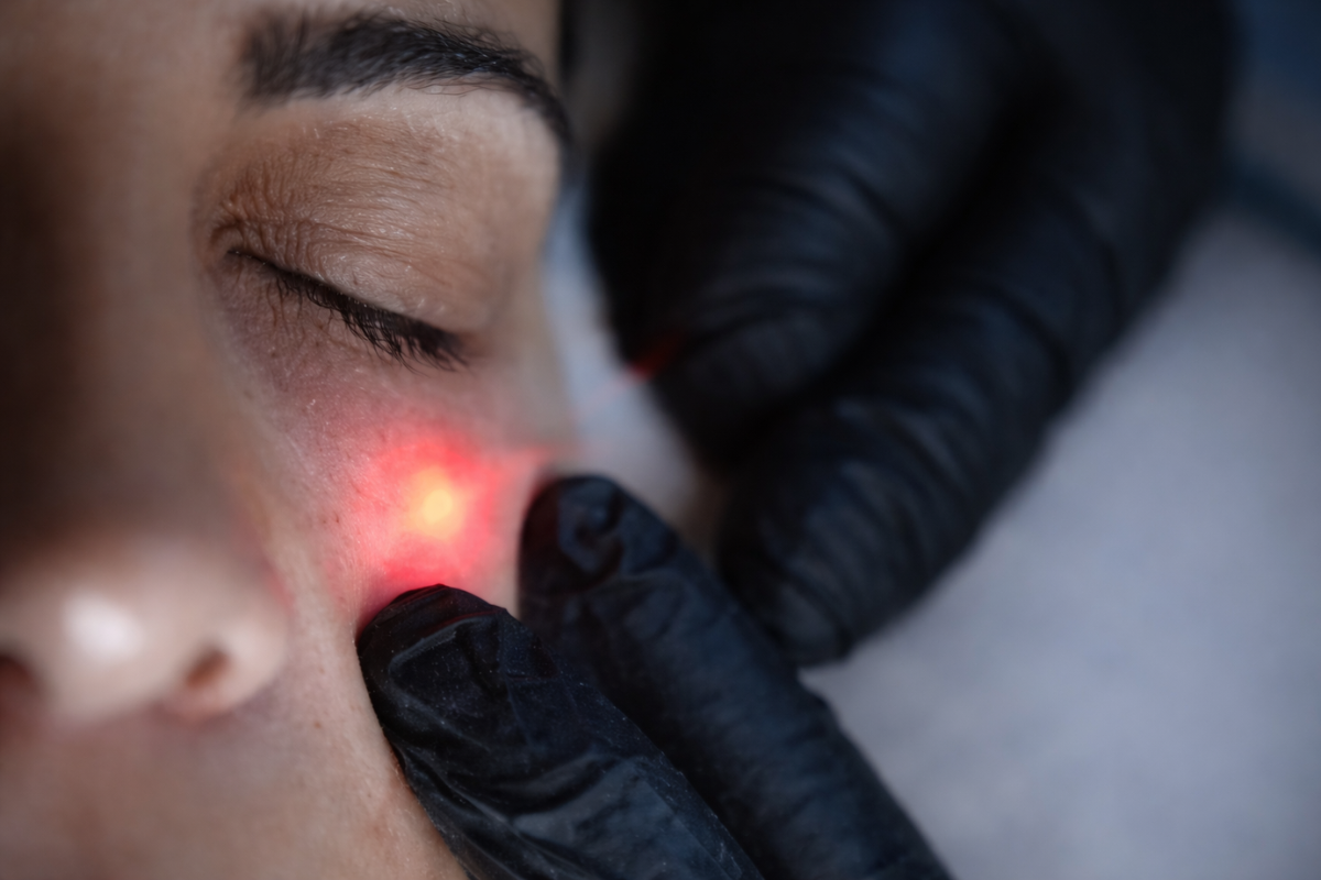 Equipo de lipoaspiración de papada asistida por láser con microfibra y pantalla de configuración durante procedimiento estético facial