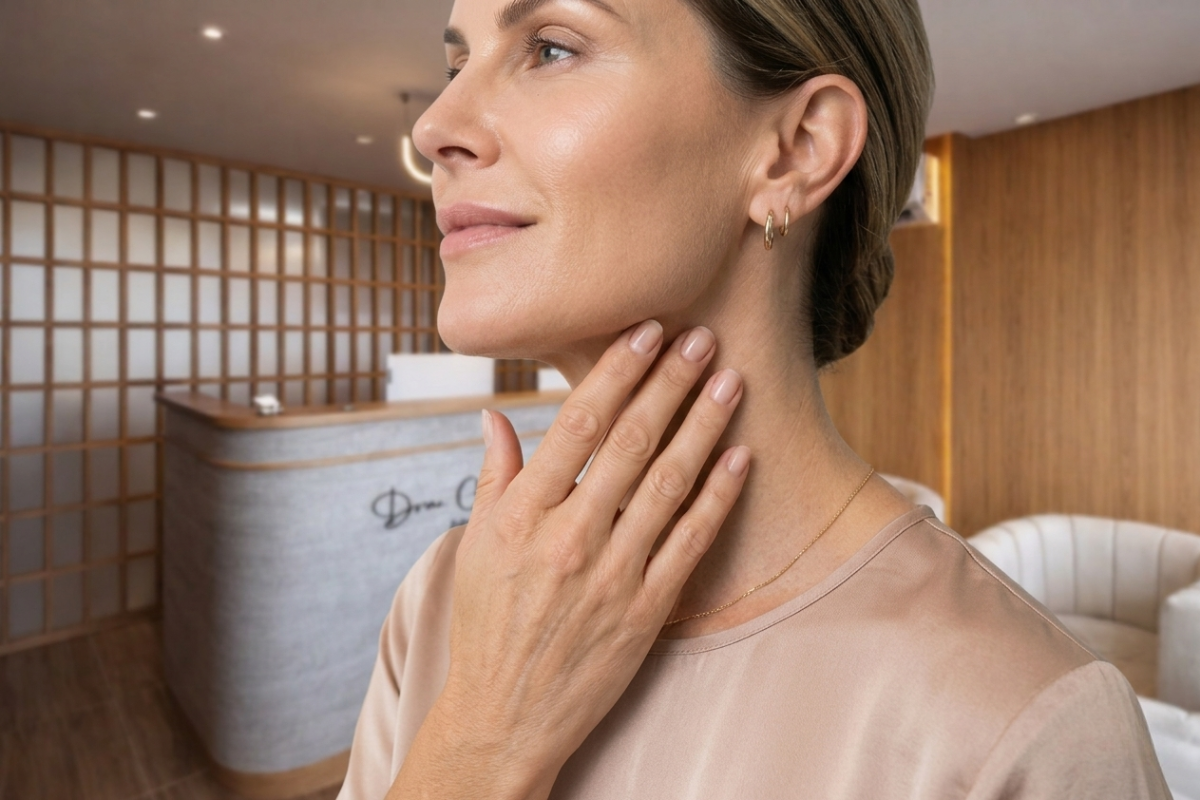 Mujer con cuello rejuvenecido y mandíbula definida en clínica de medicina estética premium de la Dra. Carolina Flórez.