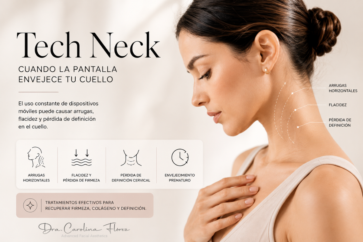 Tech Neck o envejecimiento prematuro del cuello causado por el uso constante de pantallas tratado por la Dra. Carolina Flórez