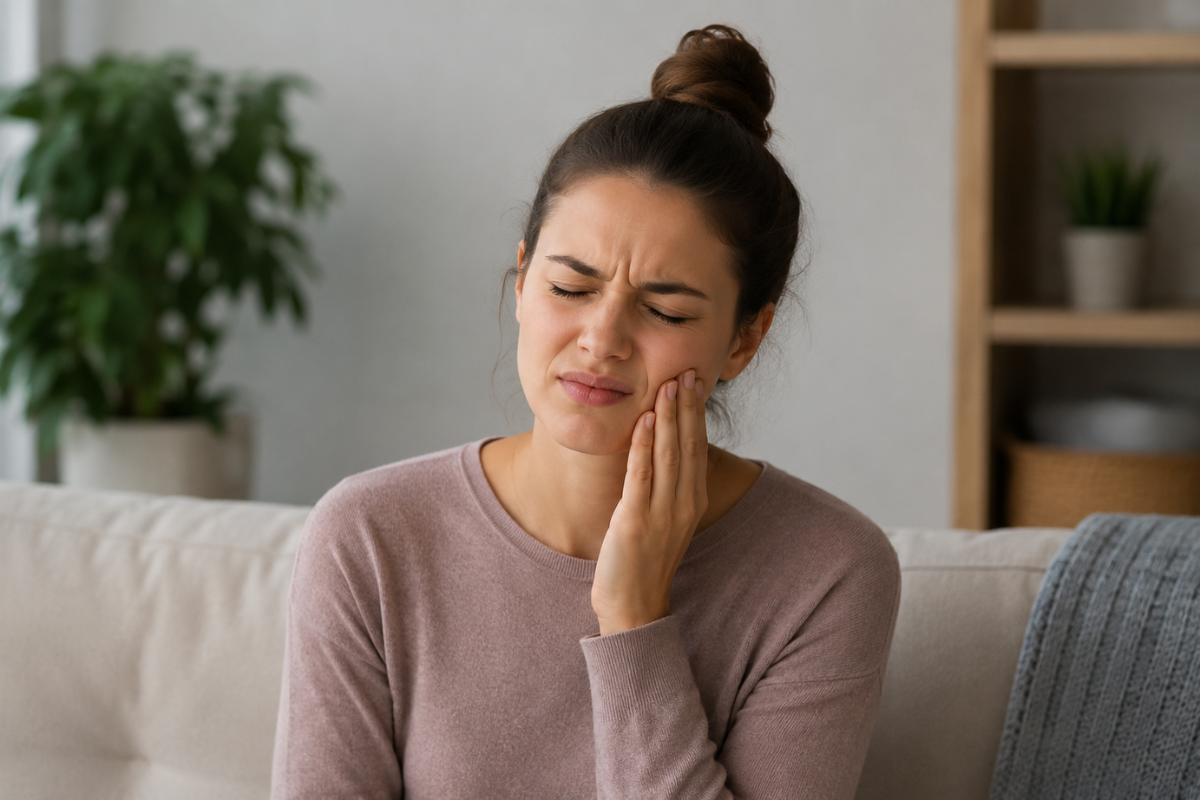 Mujer con dolor mandibular causado por bruxismo mientras sostiene su mandíbula debido a la tensión muscular.