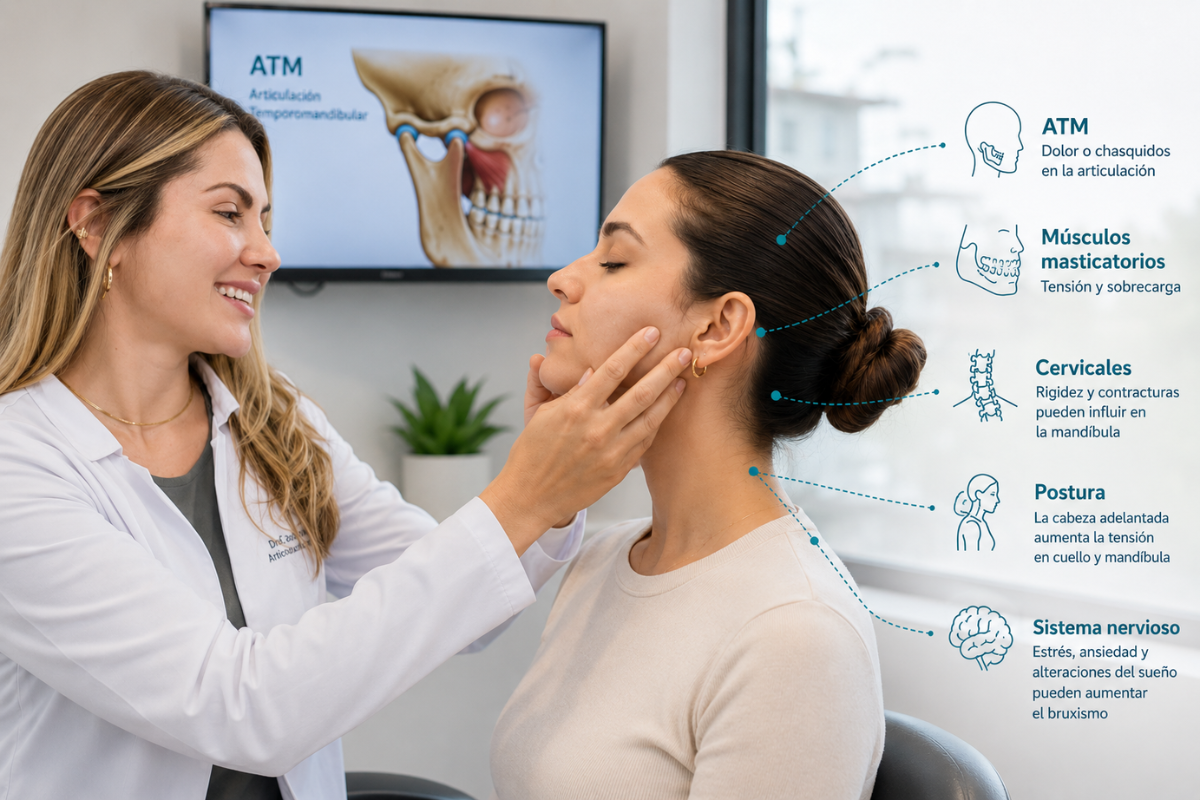 Evaluación clínica del bruxismo y la articulación temporomandibular (ATM) considerando la postura y la musculatura cervical.