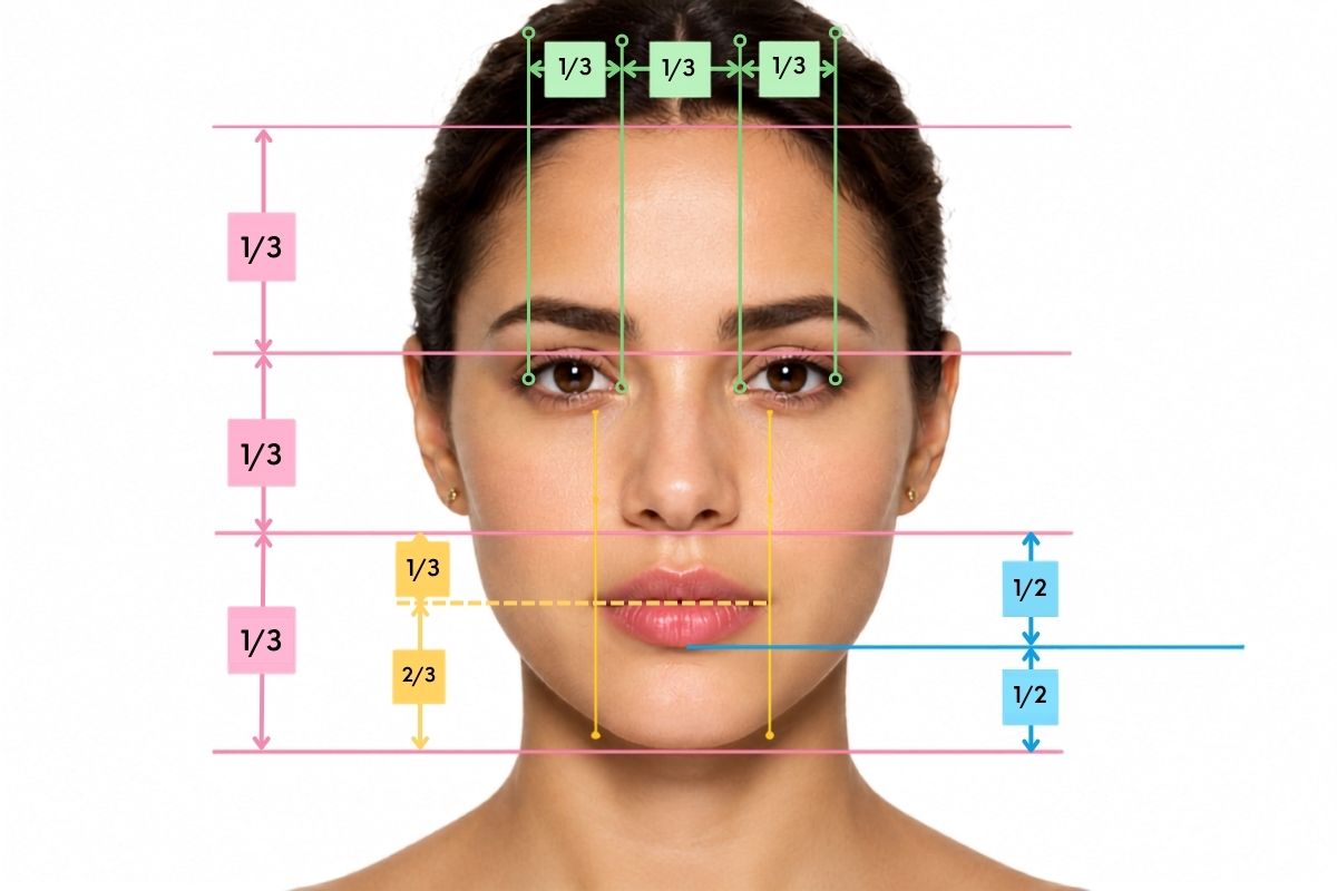 Diagrama de proporciones faciales en un rostro de mujer latina vista de frente, mostrando las mediciones en tercios y quintos con líneas guías de color rosa, verde y azul para evaluación de armonía facial.