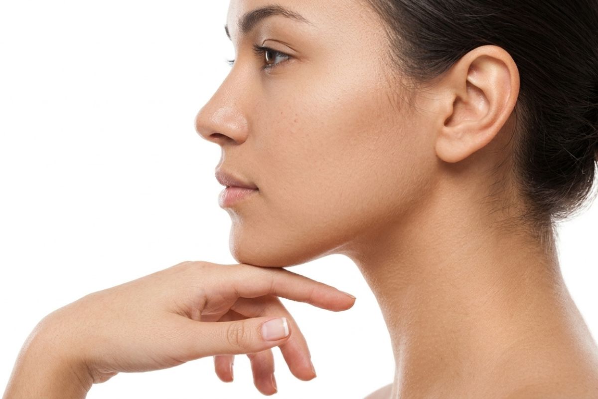 Retrato de perfil de una mujer latina bonita sin maquillaje sobre fondo blanco, sosteniendo suavemente su mentón con la mano para mostrar la definición de la línea mandibular, cuello y perfil nasal.