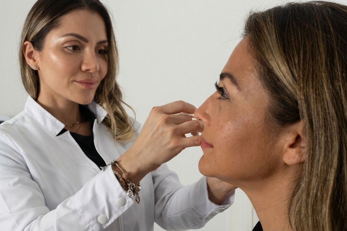 Dra. Carolina Flórez realizando una valoración y tratamiento de medicina estética facial a una paciente en su consultorio.