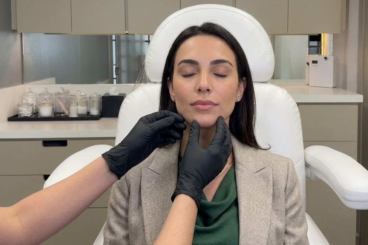 Profesional médico realizando una valoración facial personalizada a una paciente en consulta estética en Armenia, Quindío.