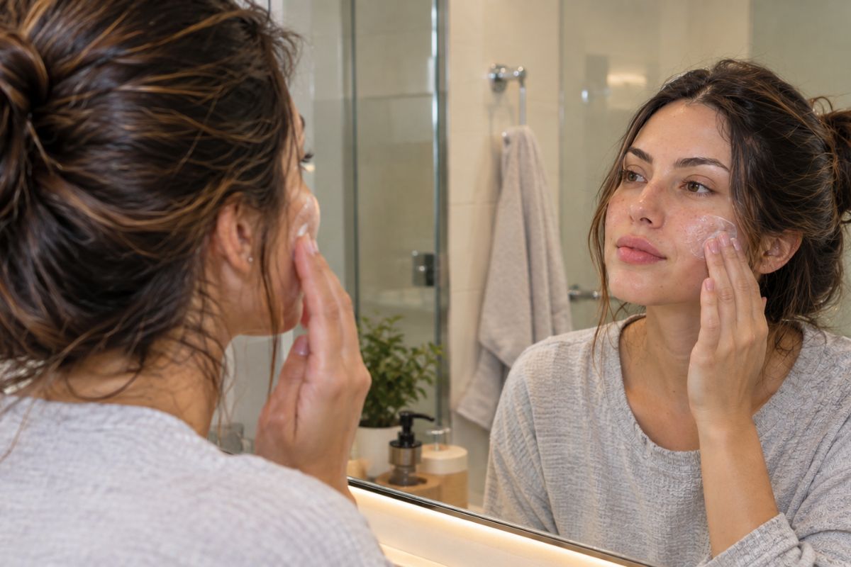 Mujer de 25 años aplicando un producto para cuidar su rostro frente al espejo